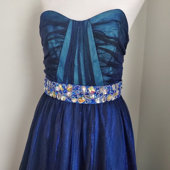 Designer Cobalt Blue Strapless Gown Dress Shimmer Sheer Overlay Faux Stones Cute - Picture 3 of 9